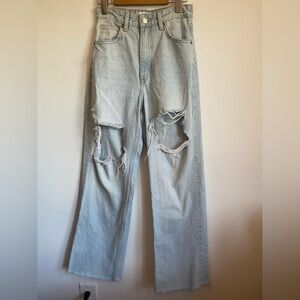 Zara High-Rise Distressed Baggy Wide Leg Denim Jeans • Light Wash • size US 2